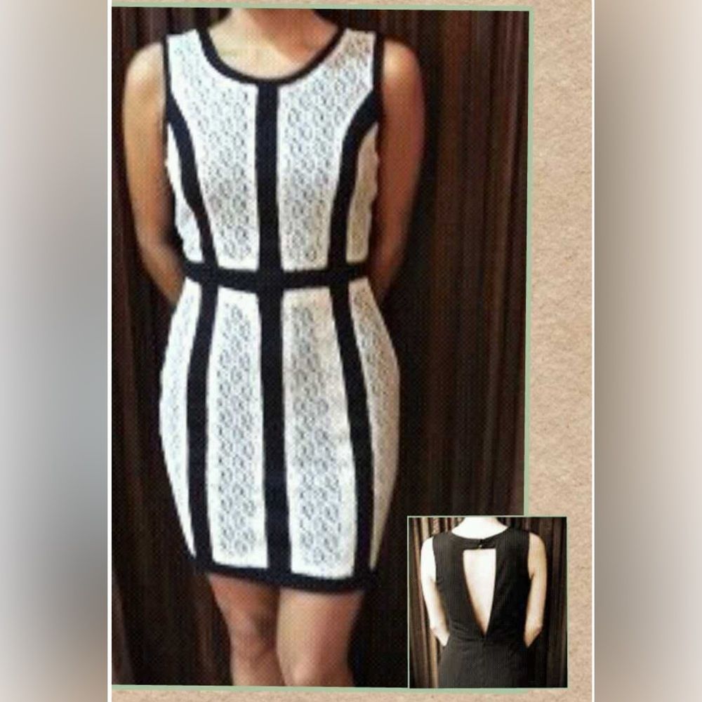 Karlie French Riviera black and white lace cutout back sheath dress size medium
